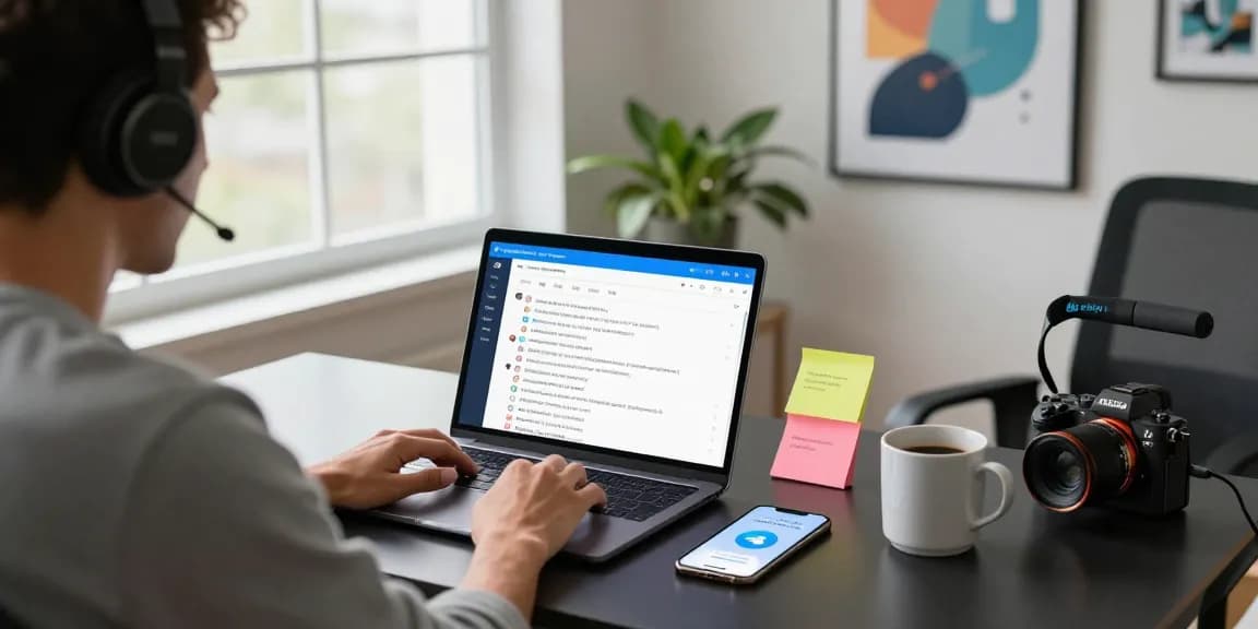 Person using the Telegram Web Version on a laptop in a modern workspace.