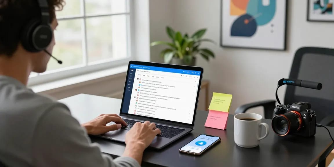 Person using the Telegram Web Version on a laptop in a modern workspace.