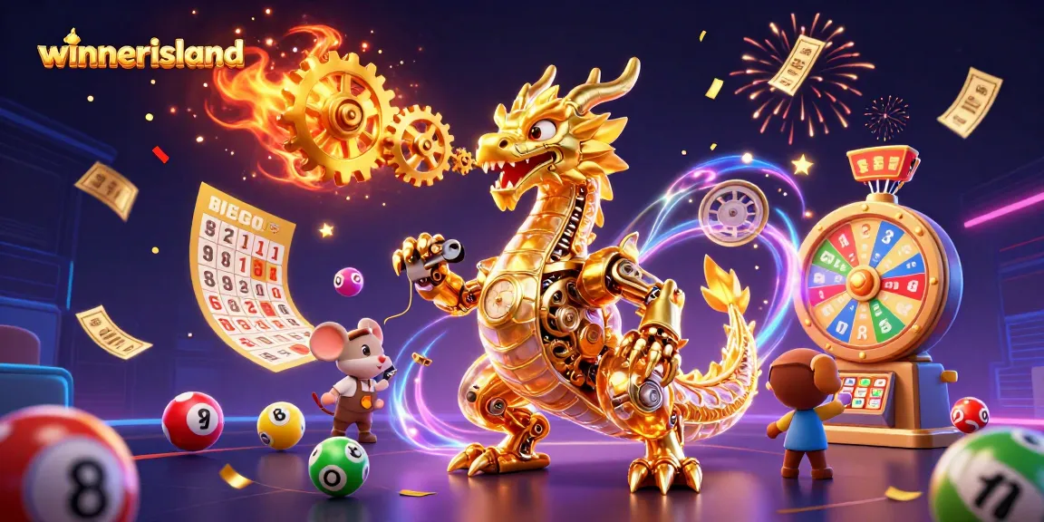Experience excitement at winnerisland with a vibrant scene of a golden dragon, colorful lottery balls, and dynamic game elements.