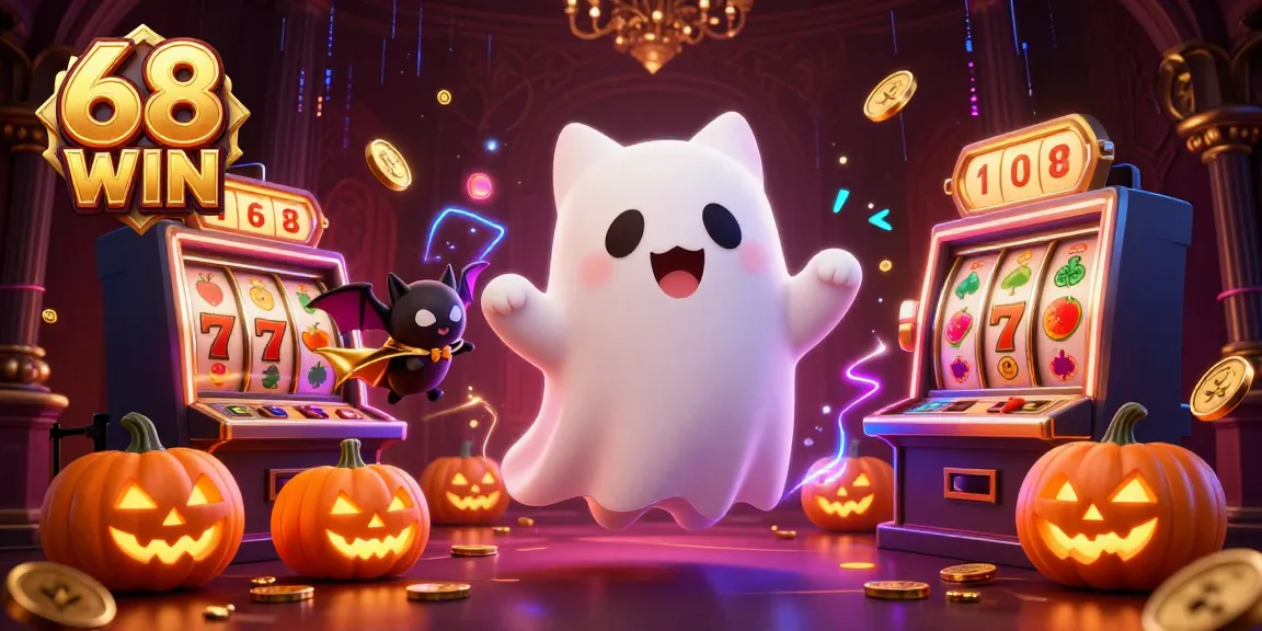 68 WIN adventures await with a playful ghost cat and vampire bat in a haunted casino scene.