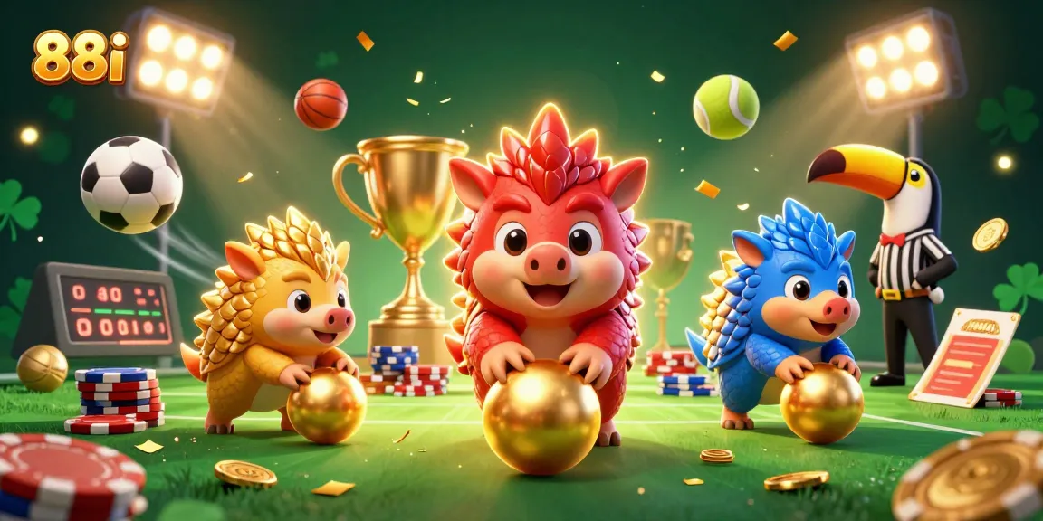 88i pangolins compete in a vibrant, sparkling casino scene filled with sports elements.