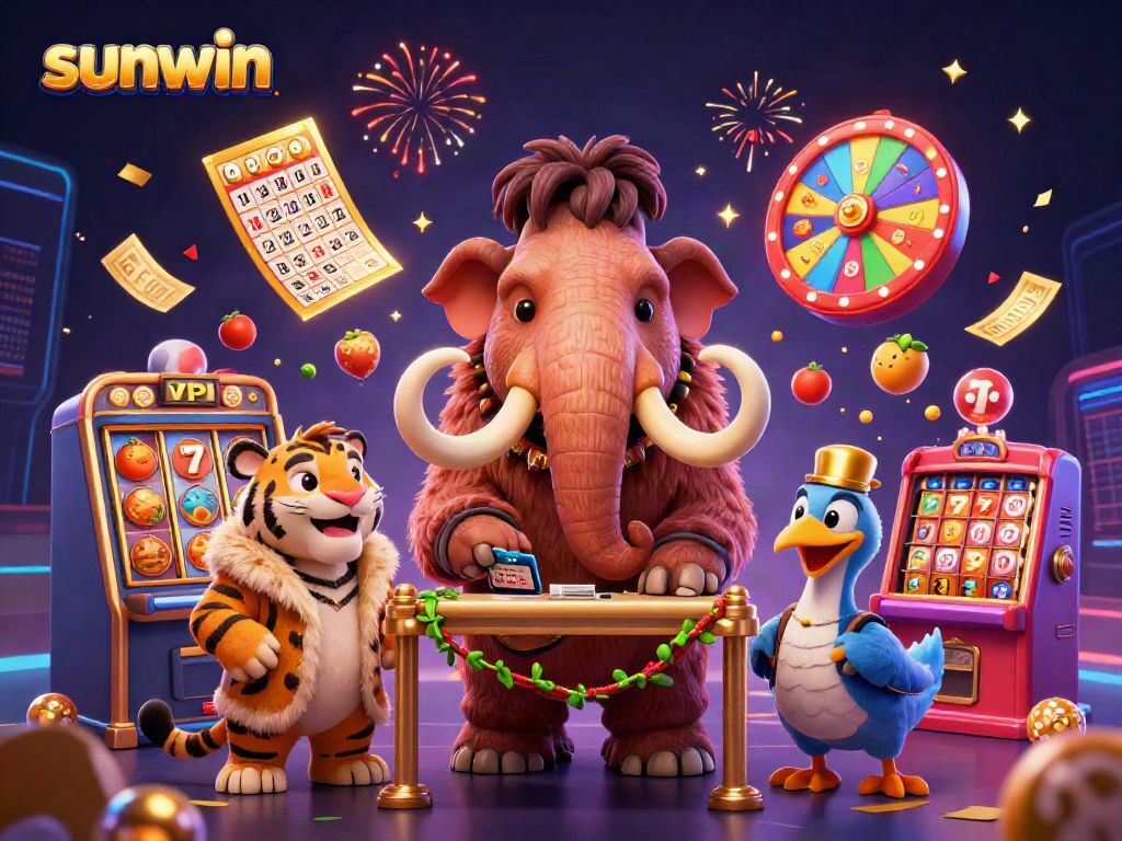 sunwin checks IDs at a vibrant casino scene filled with colorful slot elements and exciting jackpot visuals