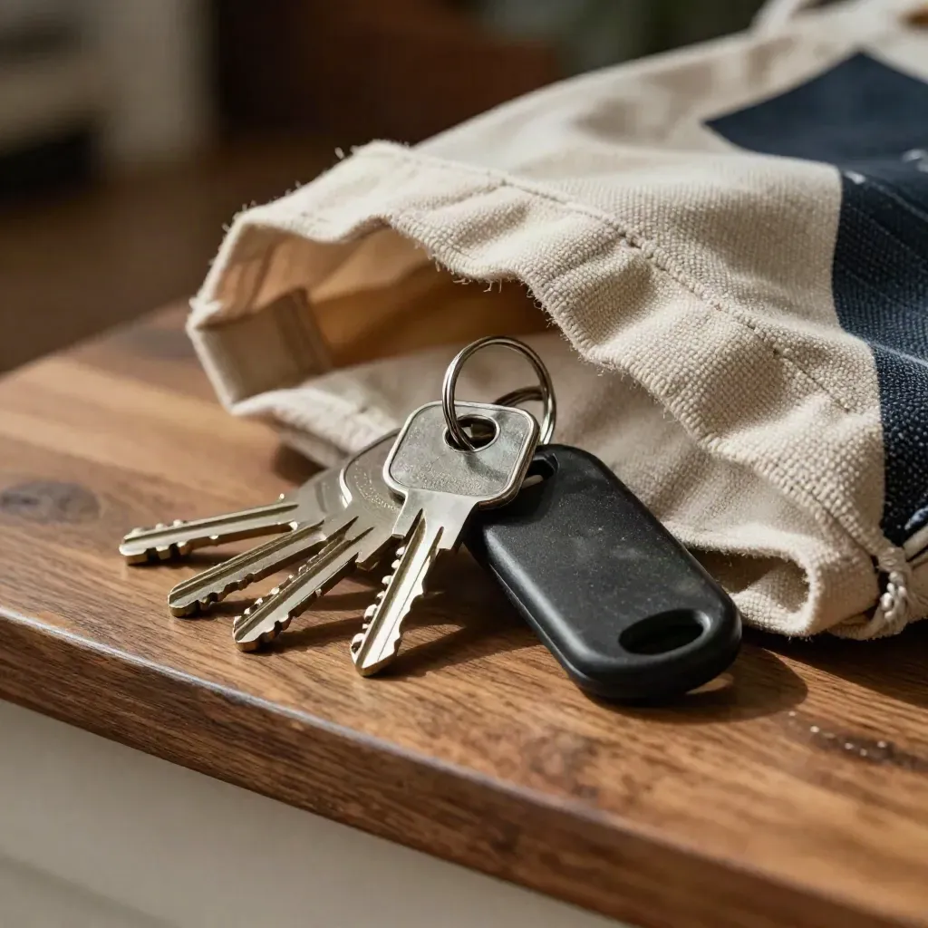 Sleutels, een versleten sleutelhanger en een canvas tas op een walnoten plank.