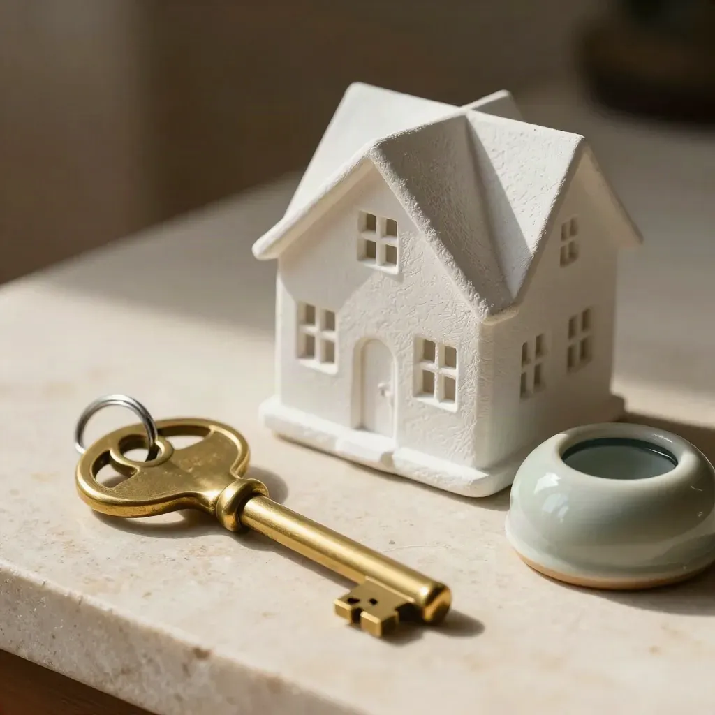 Brass sleutel, huismodel en keramische paperweight op kalksteen met zacht licht
