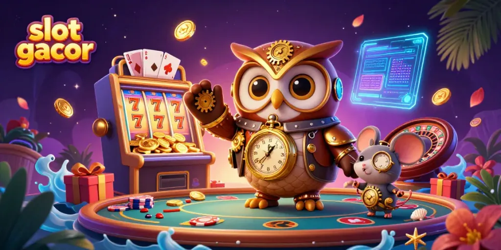 Spin to win on slot gacor with vibrant casino elements and time-traveling characters.
