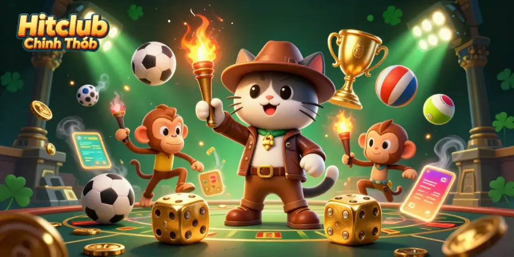Experience thrilling games at Hitclub Chính Thức with golden casino artifacts and dynamic sports elements.
