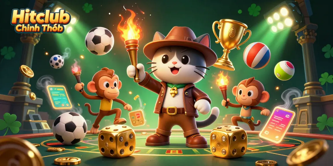 Experience thrilling games at Hitclub Chính Thức with golden casino artifacts and dynamic sports elements.