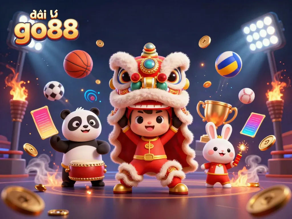 Experience the thrill of đại lý go88 with dynamic sports betting elements and vibrant lion dance characters.