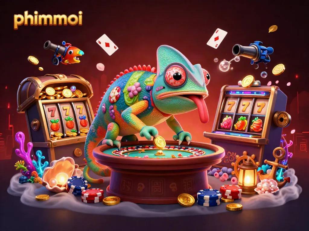 Experience vibrant gameplay with phimmoi's chameleon casino owner amid dynamic slot reels and casino elements.