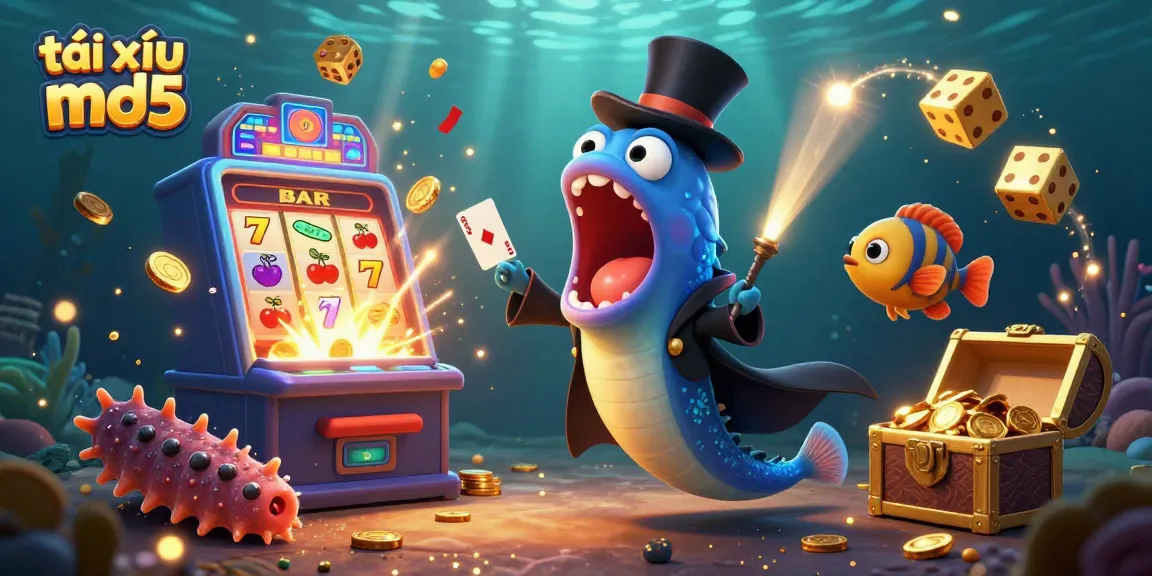 Tài xỉu md5 showcases a vibrant casino scene with a bioluminescent eel magician performing card tricks.