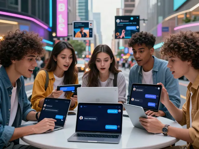 Diverse group engaging with juicy chat ai in vibrant urban setting.