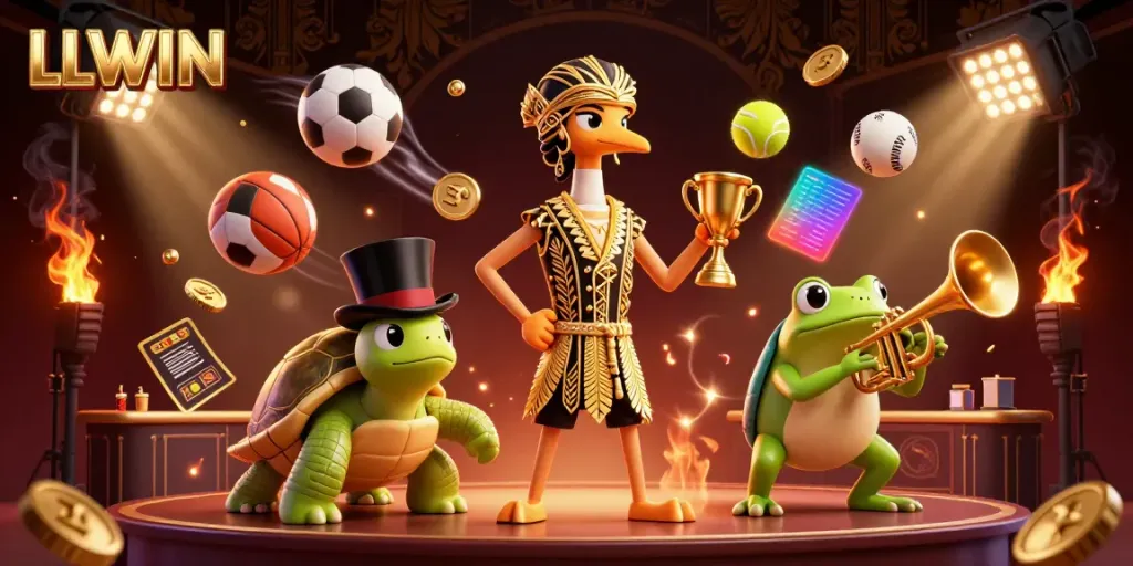 Experience thrilling gambling adventures with LLWIN's vibrant 3D casino scene featuring animated characters.