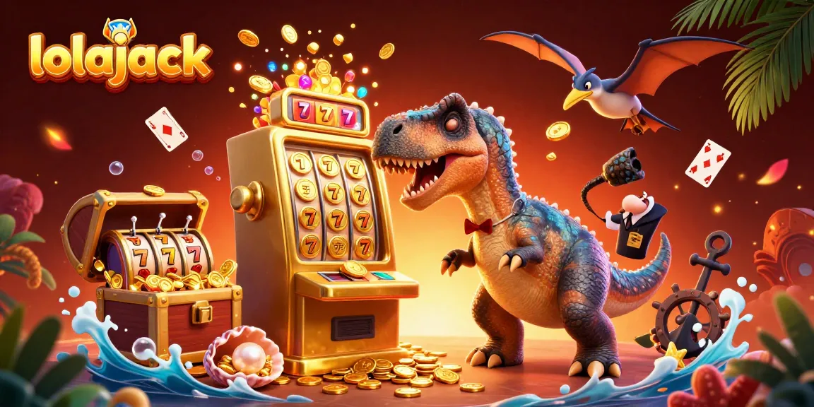 Engage with lolajack’s thrilling jackpot scene featuring 3D dinosaurs and vibrant casino elements.