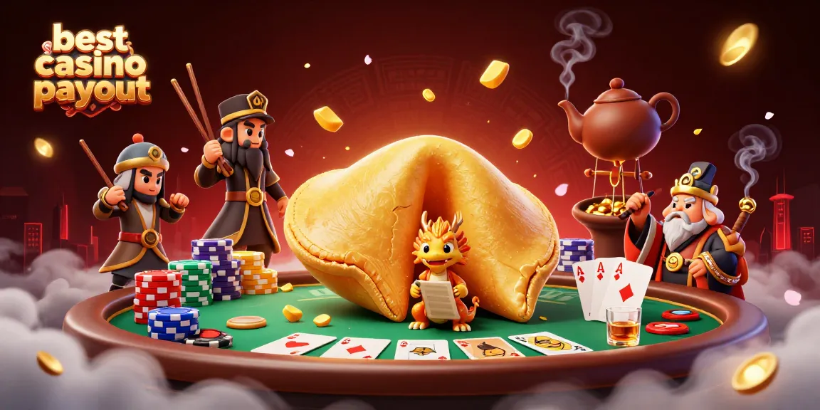 Experience the best casino payout with a lively casino scene featuring a golden fortune cookie and poker gameplay.