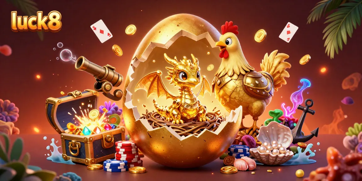 Luck8-themed 3D illustration with a golden egg and dragon amid vibrant casino elements.