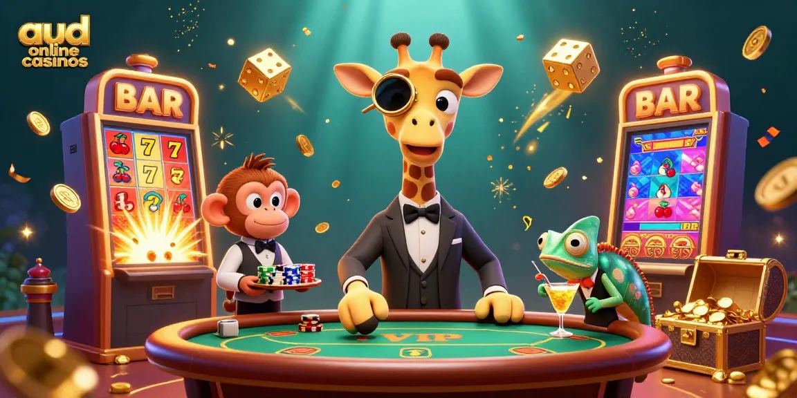 Experience the excitement of aud online casinos with vibrant characters playing in a rich casino environment.