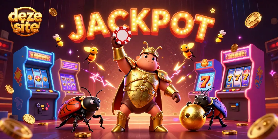 Experience an exciting jackpot vibe with deze site featuring a triumphant beetle in a dynamic casino scene.