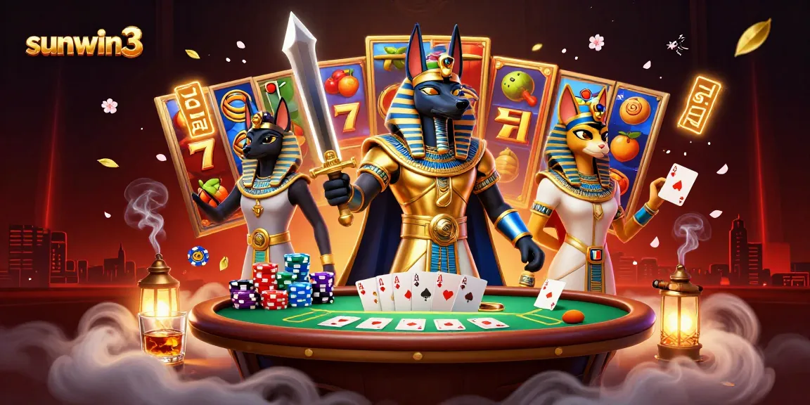 Engage in thrilling jackpot games at sunwin3 with Anubis and Bastet amidst vibrant slots and poker elements.