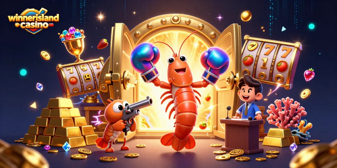 Engage in action-packed gaming at winnerislandcasino with vibrant illustrations of critters surrounded by jewels and slot machines.
