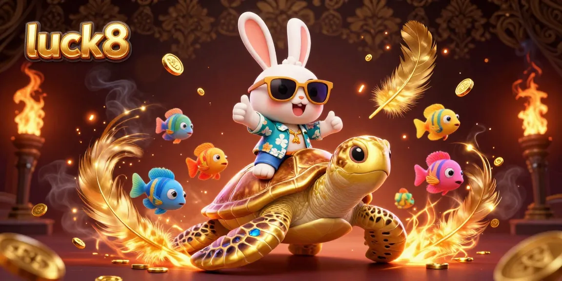 Experience luck8 with a charming rabbit and golden turtle in this casino-themed adventure.