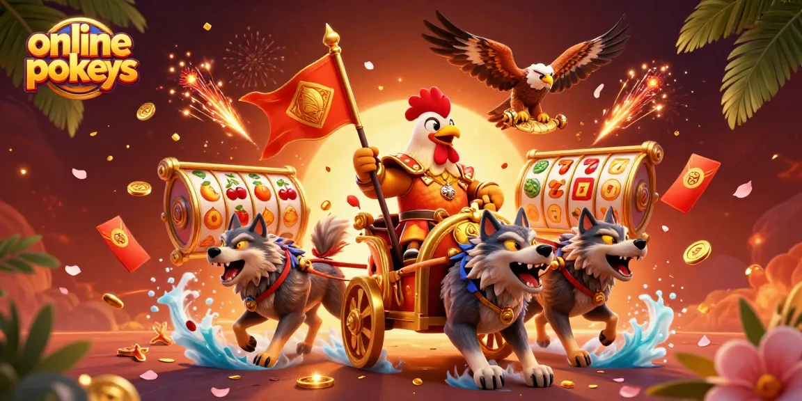 Spin online pokies with a vibrant scene featuring a rooster warlord and golden coins.