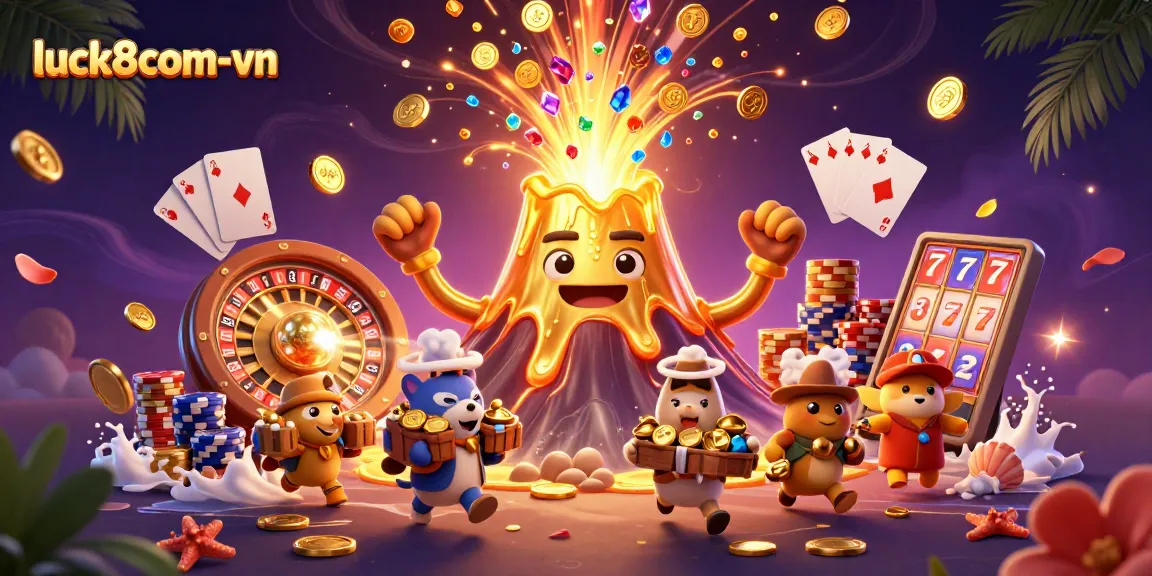 Experience thrilling wins at luck8com-vn with golden erupting volcano and treasure-filled adventure.