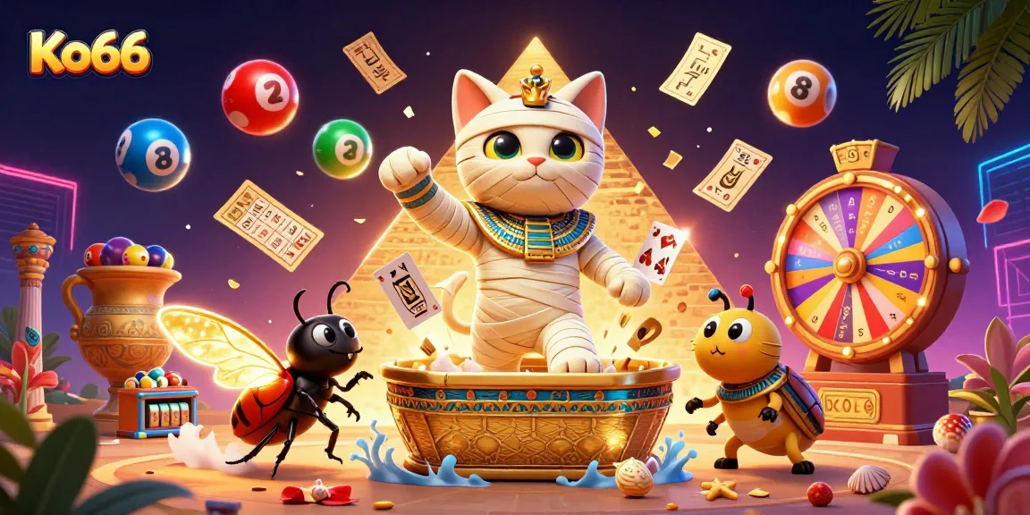 Engage with the Ko66 lottery experience featuring vibrant elements and an Egyptian mummy cat.